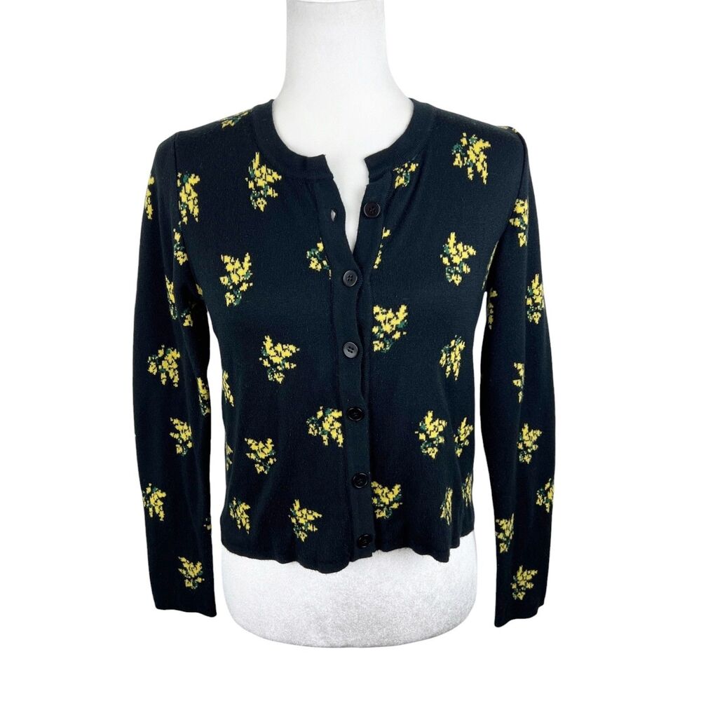 Naya Rea Sweater Women Medium Black Yellow Floral Knit Button Up Cardigan